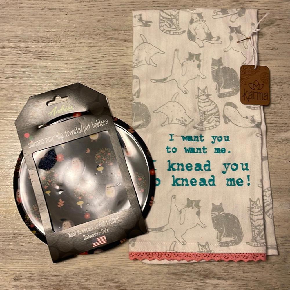 New Cat Hedgehog Silicone Trivet and Kitchen Hand Towel